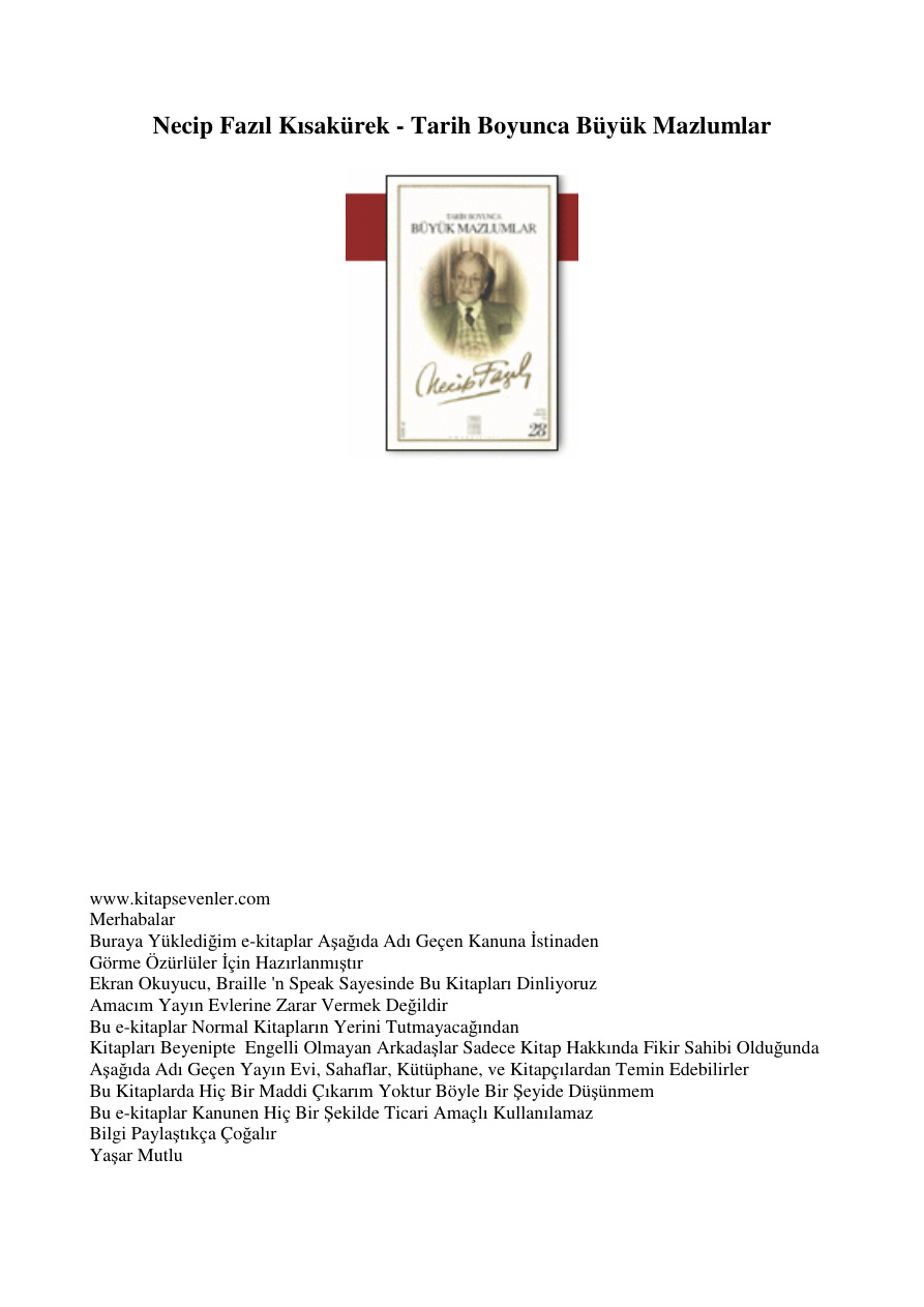 Tarih Boyunca Buyuk Mazlumlar PDF – Necip Fazıl Kısakürek