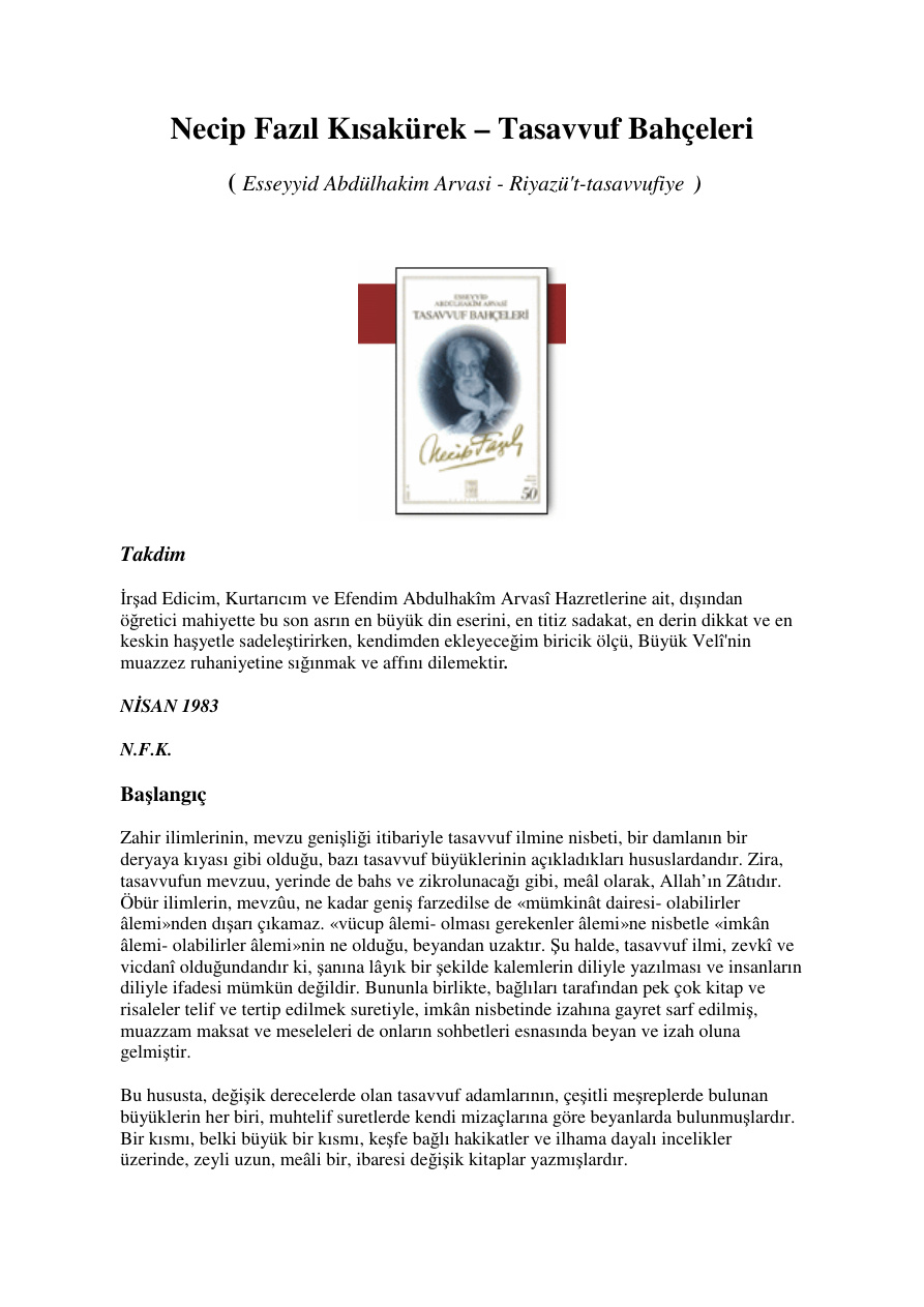 Tasavvuf Bahçeleri PDF – Necip Fazıl Kısakürek