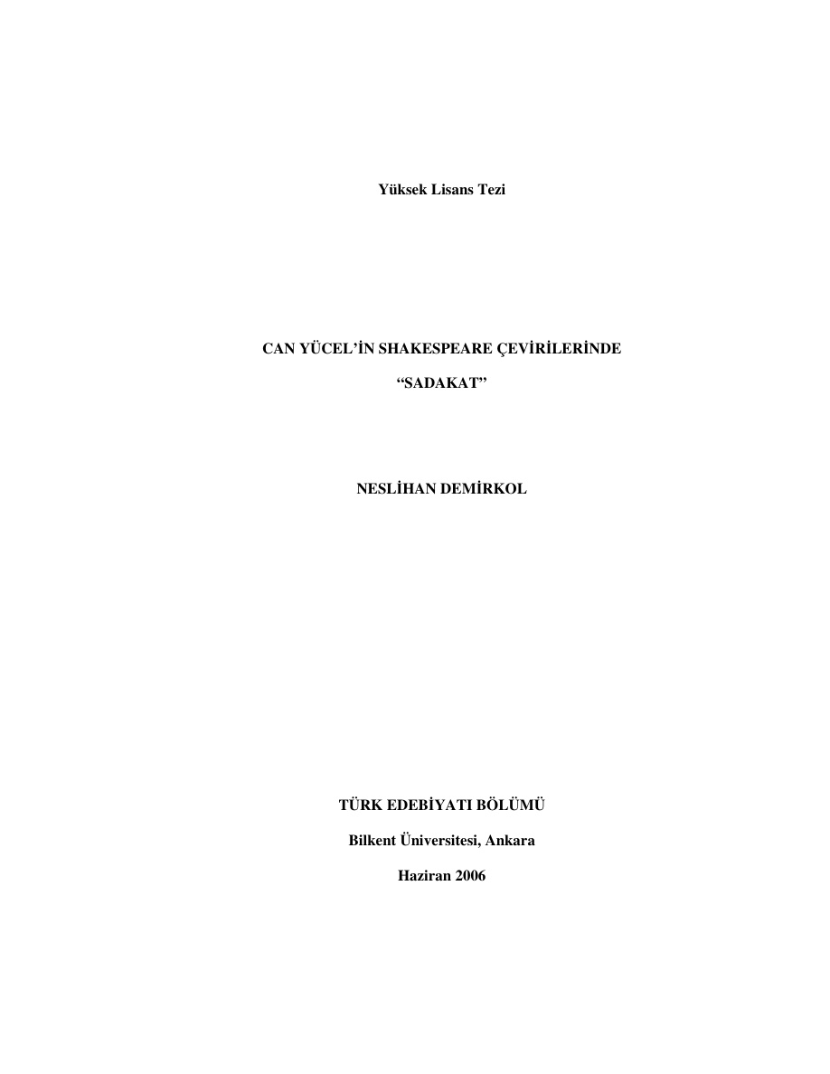 Can Yücel’in Shakespeare Çevirilerinde Sadakat PDF – Neslihan Demirkol