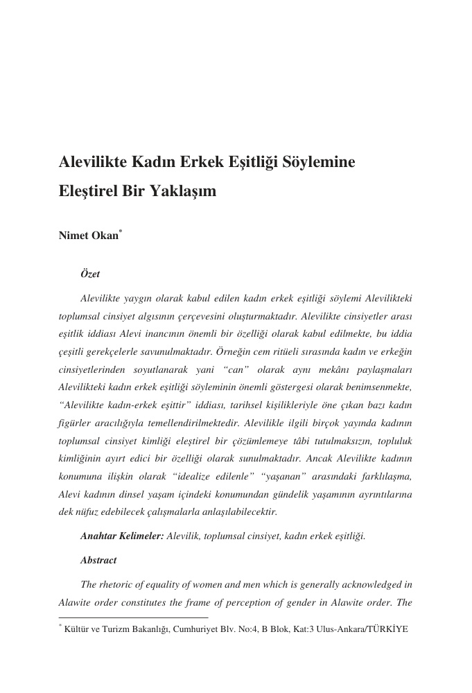 Alevilikte Kadın Erkek Eşitliği Söylemine Elelştirel Bir Yaklaşım PDF – Nimet Okan