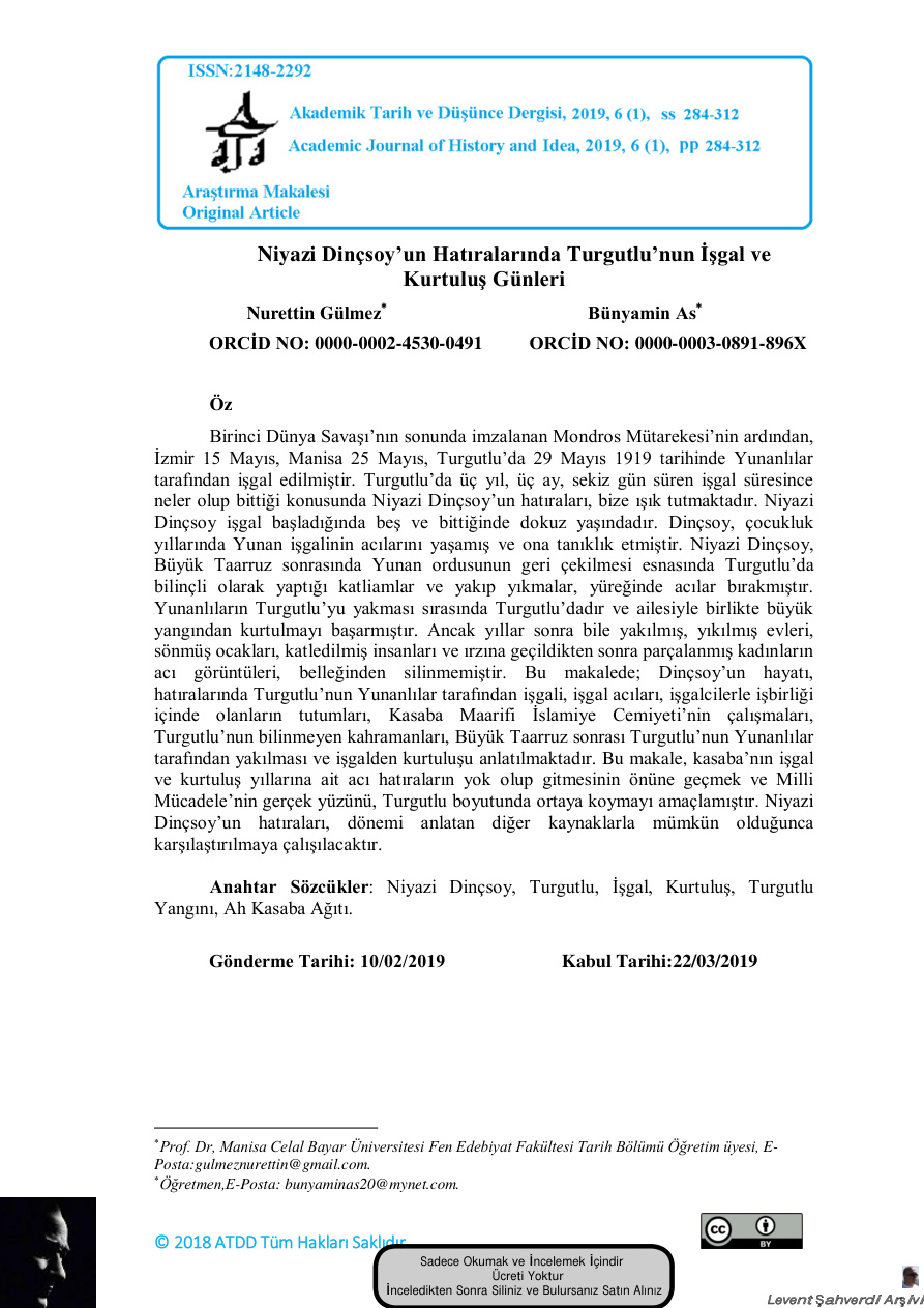 Niyazi Dinçsoy’un Hatıralarında Turgutlu’nun İşgal ve Kurtuluş Günleri PDF – Niyazi Dinçsoy