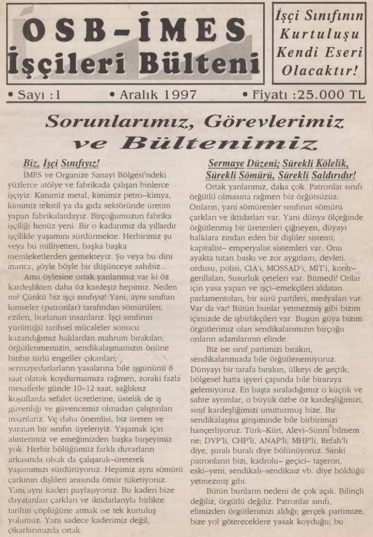 OSB İMES İşçileri Bülteni Sayı 01 Aralık 1997 Kitap Kapağı