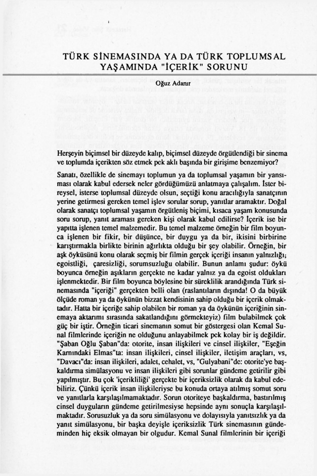 Türk Sinemasında ya da Türk Toplumsal Yaşamında ‘İçerik’ Sorunu PDF – Oğuz Adanır