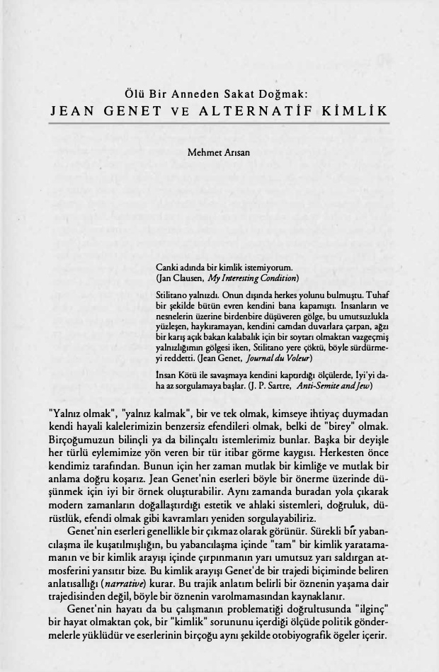 Ölü Bir Anneden Sakat Dogmak Jean Genet ve Alternatif Kimlik PDF – Mehmet (Kolektif/Eleştiri)