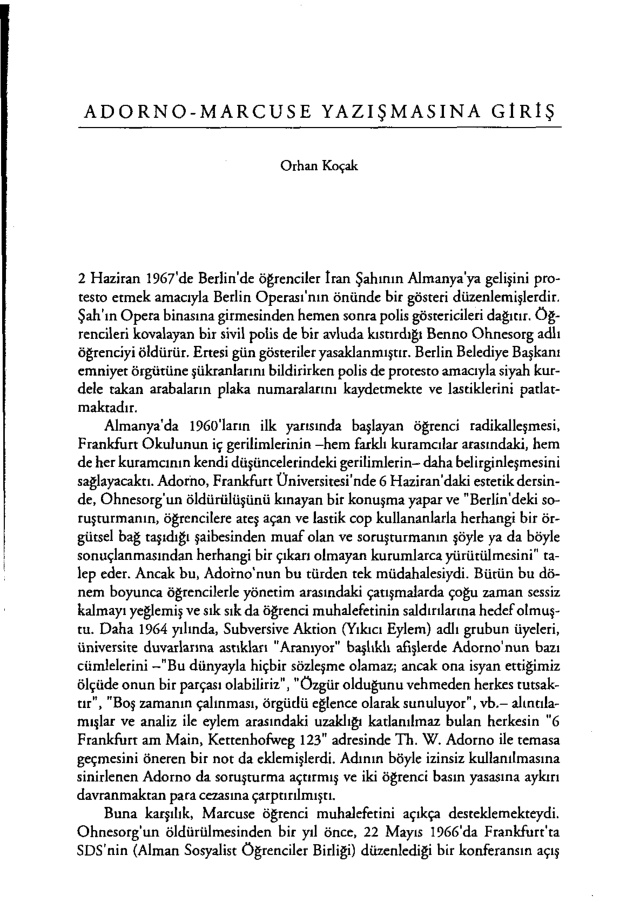 Adorno-Marcuse Yazışmasına Giriş PDF – Orhan Koçak