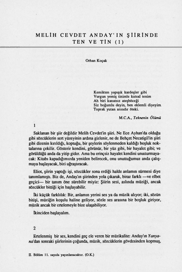 Melih Cevdet Anday’ın Şiirinde Ten ve Tin I PDF – Orhan Koçak