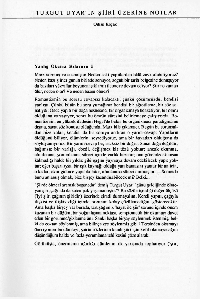 Turgut Uyar’ın Şiiri Üzerine Notlar PDF – Orhan Koçak