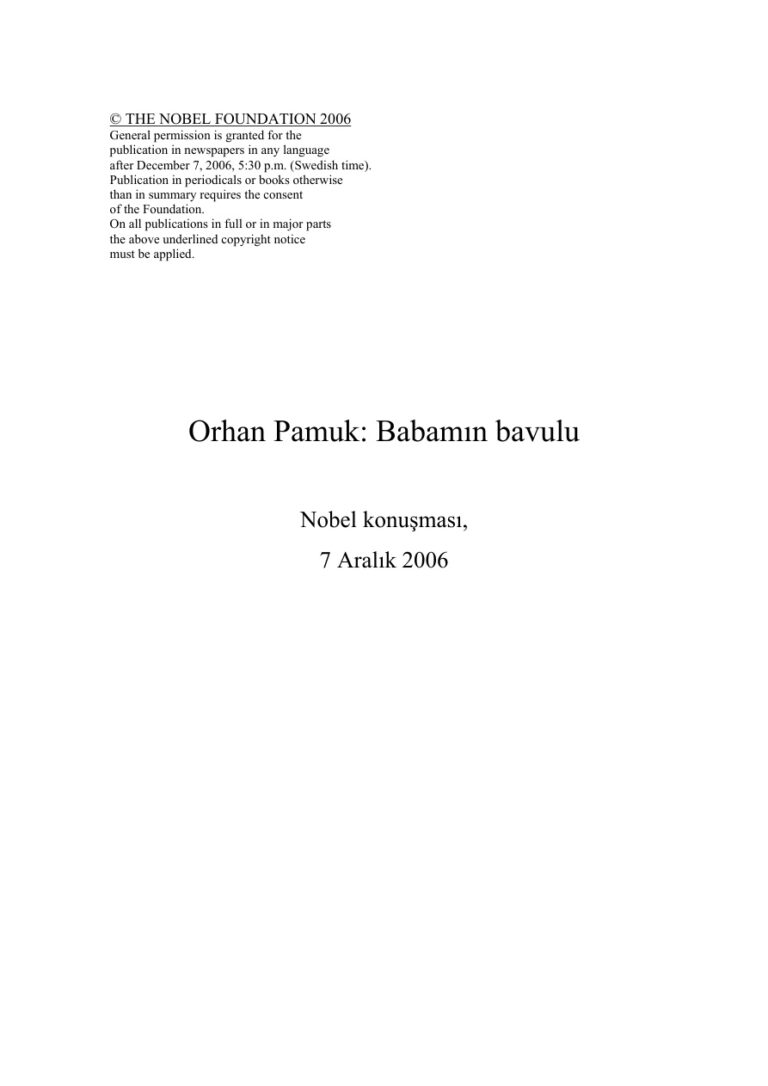 Orhan Pamuk Nobel Konuşması Kitap Kapağı