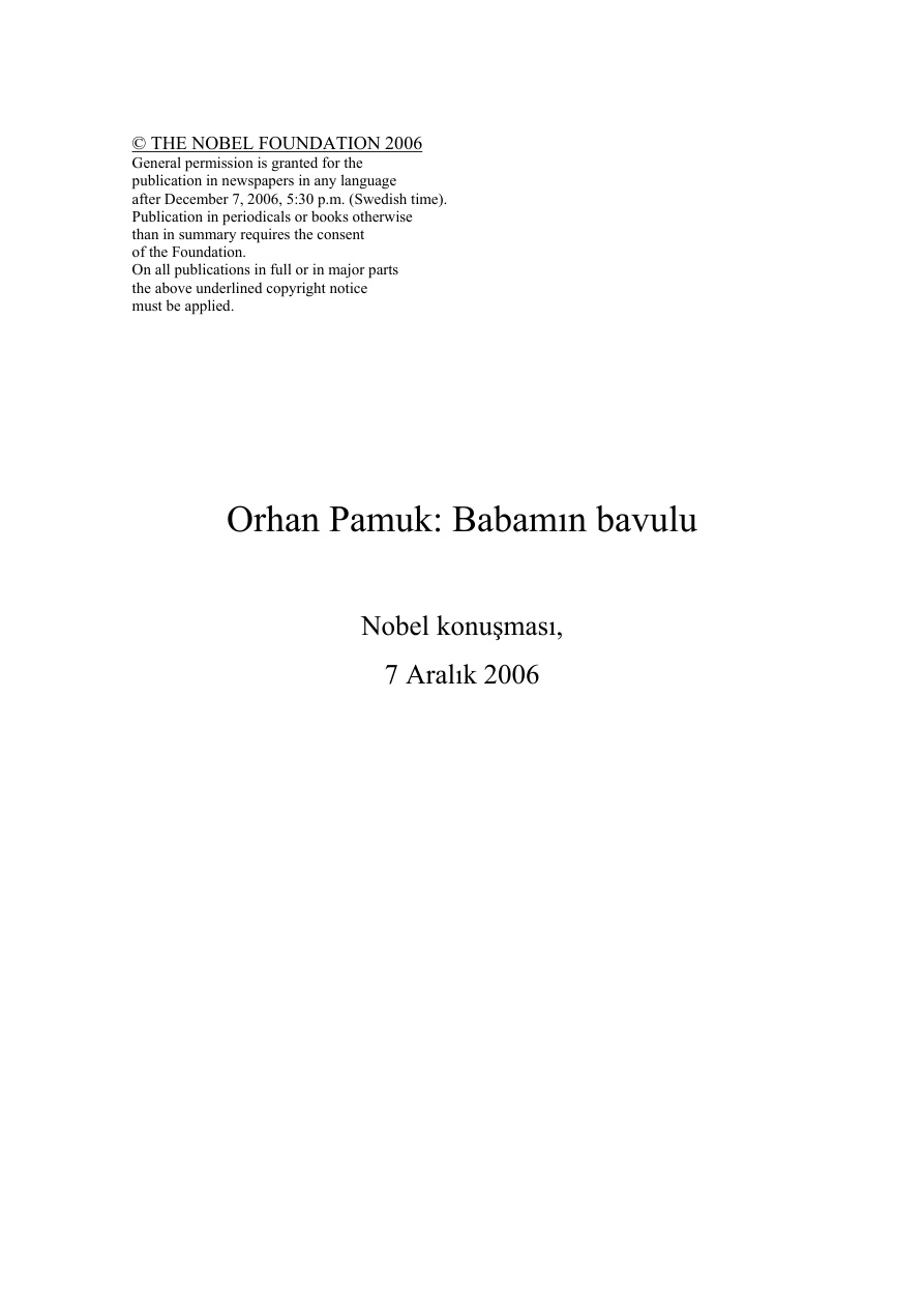 Nobel Konuşması PDF – Orhan Pamuk