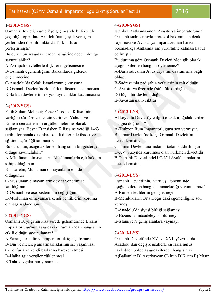 Osmanlı İmparatorluğu Test 1 PDF – Kolektif / ÖSYM