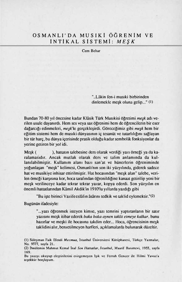 Osmanli’da Musiki Ögrenim ve Intikal Sistemi MESK PDF – Cem Behar