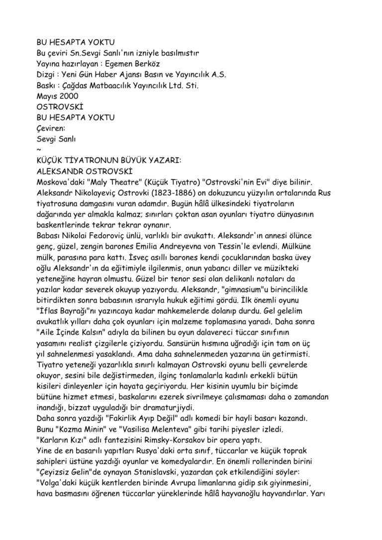 Ostrovski Bu Hesapta Yoktu Kitap Kapağı