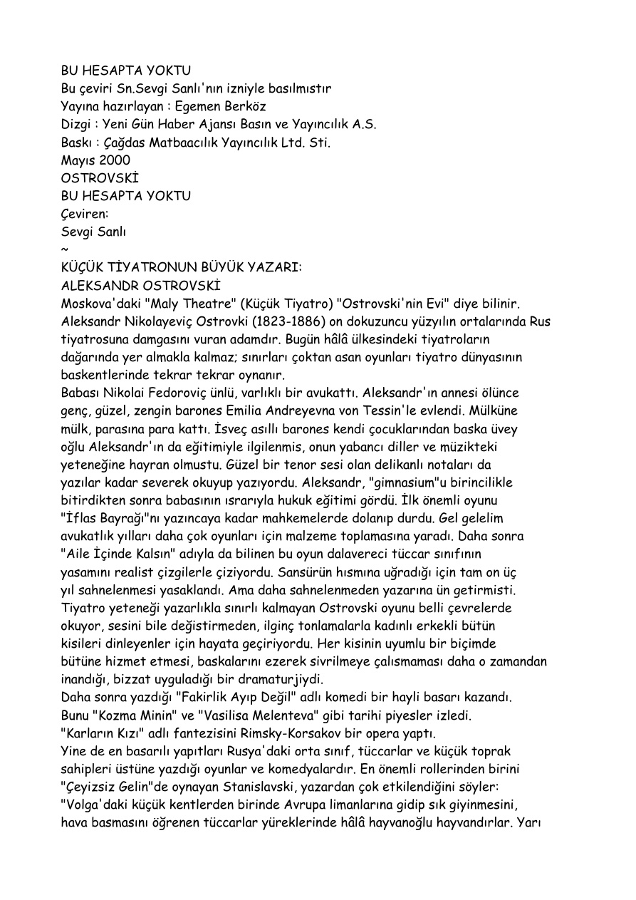 Bu Hesapta Yoktu PDF – Aleksandr Ostrovski