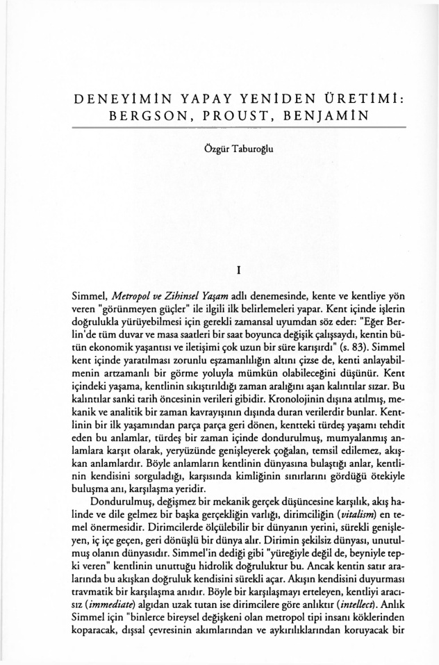 Deneyimin Yapay Yeniden Üretimi; Bergson, Proust, Benjamin PDF – Özgür Taburoğlu