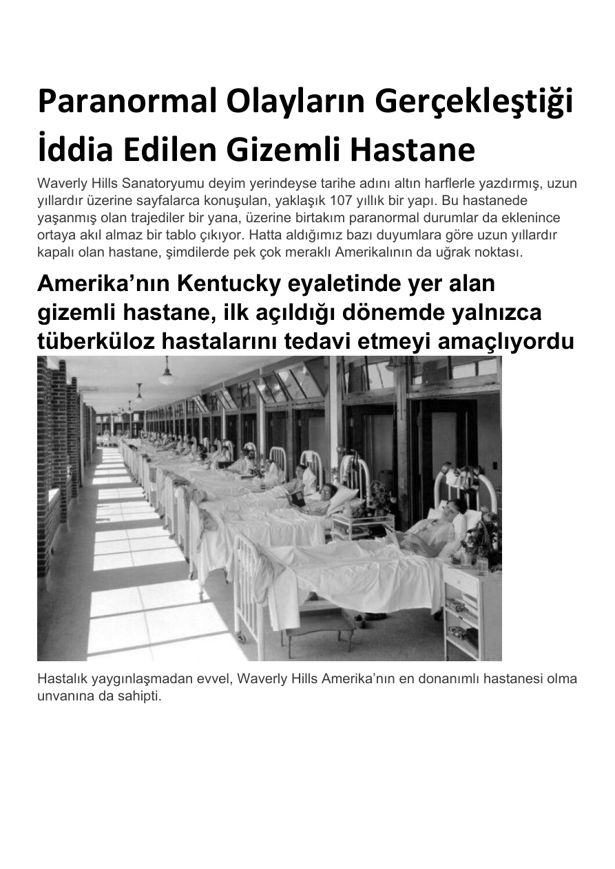 Paranormal Olayların Gerçekleştiği İddia Edilen Gizemli Hastane PDF – Anonim / Araştırma