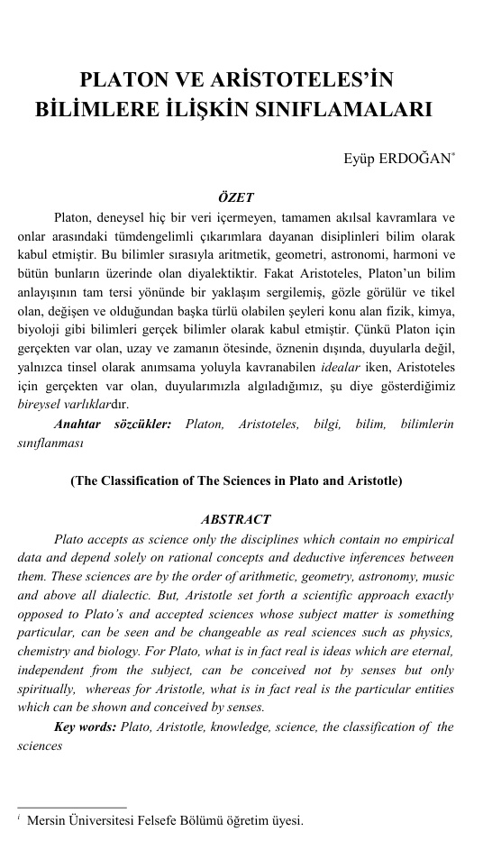 Platon ve Aristoteles’in Bilim Sınıflamaları PDF – Kolektif / Felsefe
