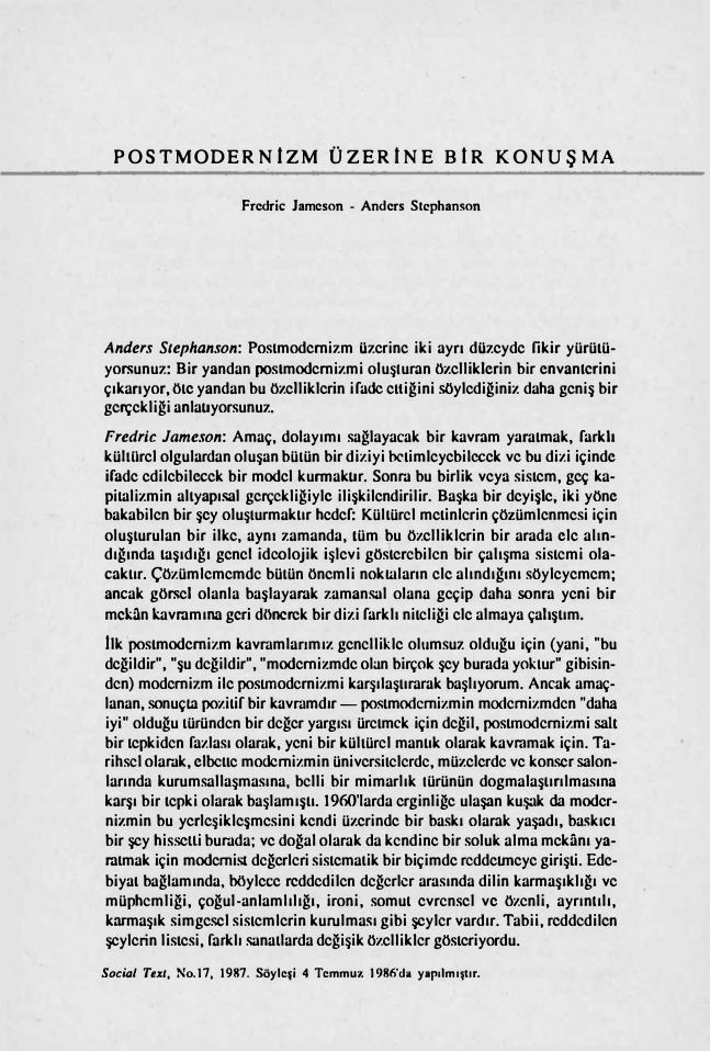 Postmodernizm Üzerine Bir Konusma PDF – Fredric Jameson & Anders Stephanson
