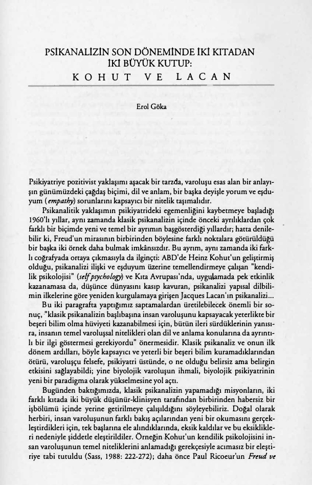 Psikanalizin Son Döneminde Iki Kitadan Iki Büyük Kutup Kohut ve Lacan PDF – Erol Göka