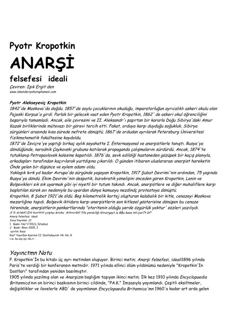 Pyotr Alekseyevic Kropotkin Anarsi felsefesi ideali Kitap Kapağı