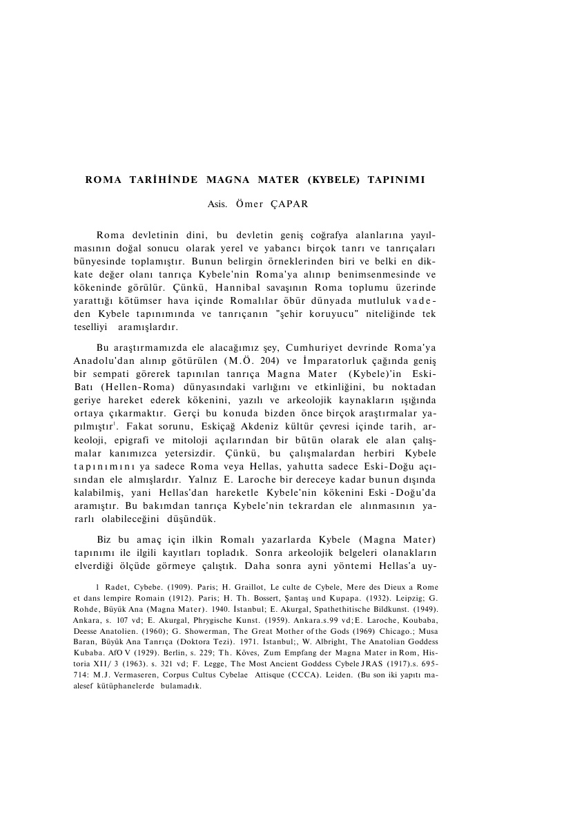 ROMA TARİHİNDE MAGNA MATER (KYBELE) TAPINIMI PDF – Kolektif / Akademik