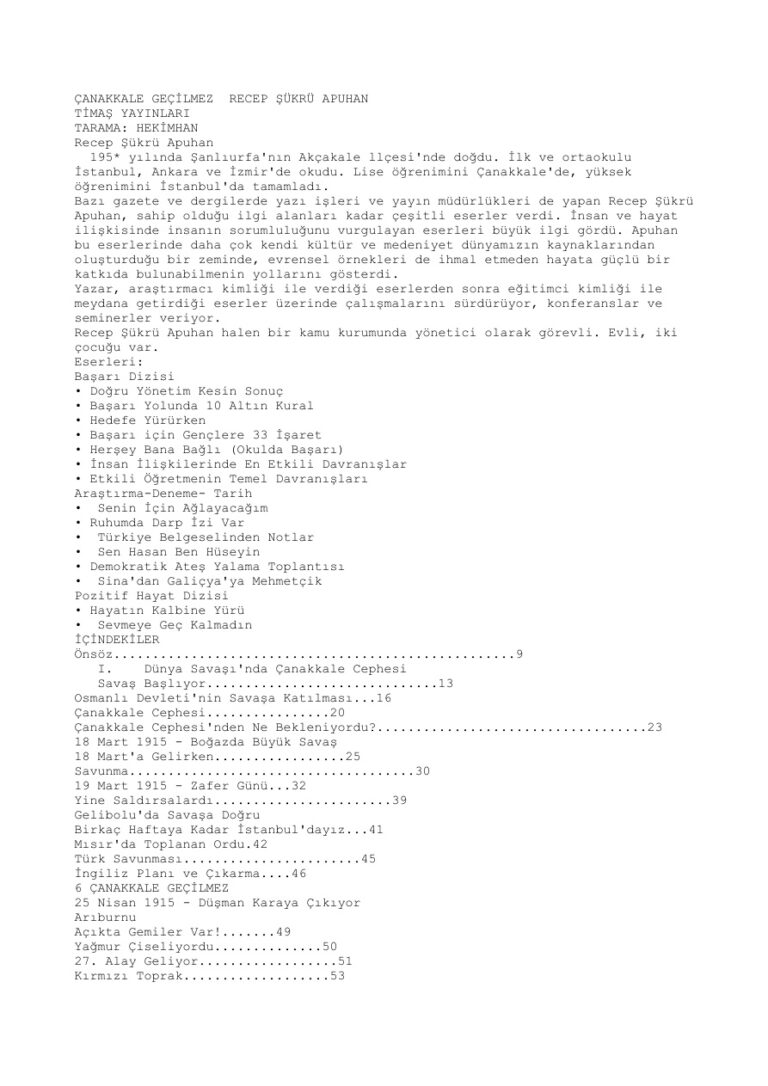 Canakkale Gecilmez PDF - Recep Şükrü Apuhan 11 Recep Şukru Apuhan Canakkale Gecilmez Kitap Kapağı