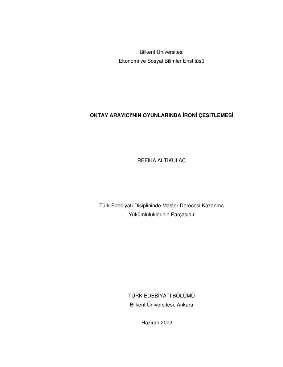 Oktay Arayıcı’nın Oyunlarında İroni Çesitlemesi PDF – Refika Altıkulaç