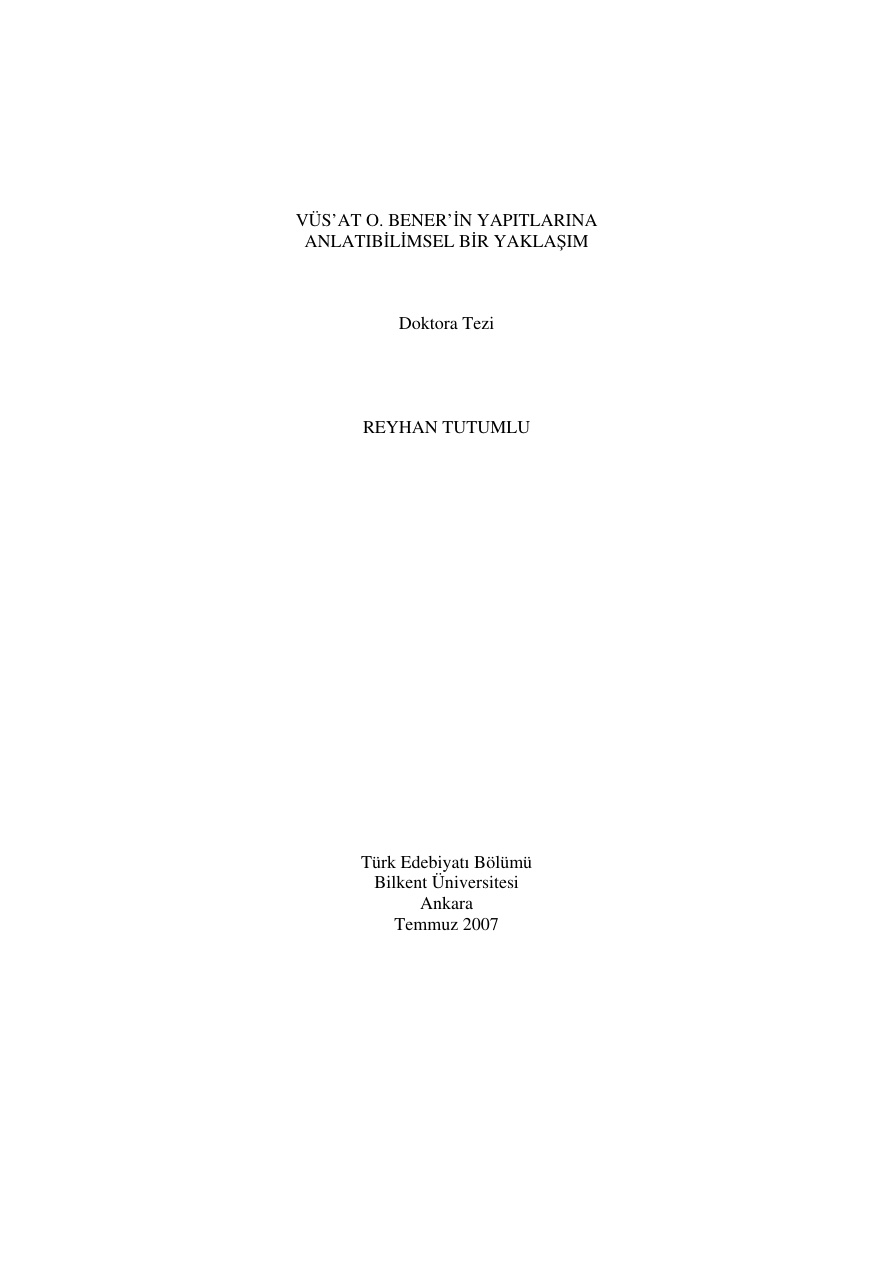 Vus’at O. Bener’in Yapıtlarına Anlatıbilimsel Bir Yaklaşım PDF – Reyhan Tutumlu