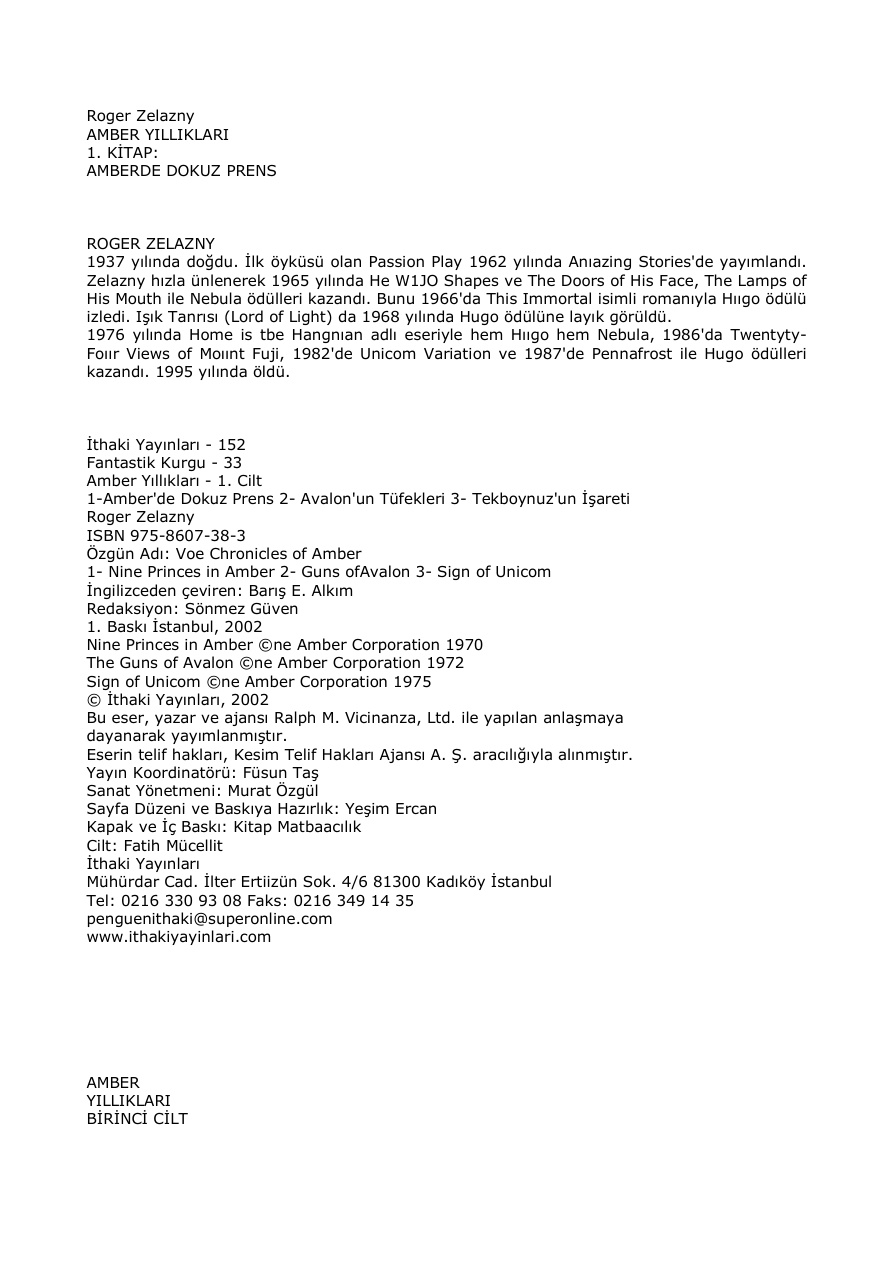 Amber Yıllıkları 1 Amber’de Dokuz Prens PDF – Roger Zelazny