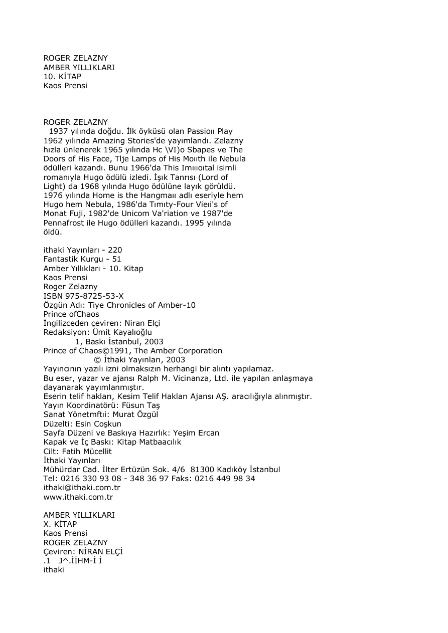 Amber Yıllıkları 10 Kaos Prensi PDF – Roger Zelazny