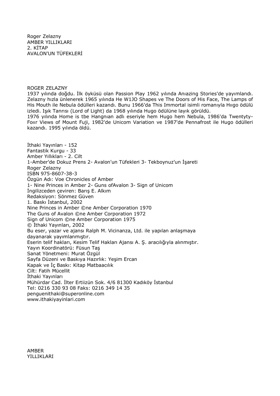 Amber Yıllıkları 2 Avalon’un Tüfekleri PDF – Roger Zelazny