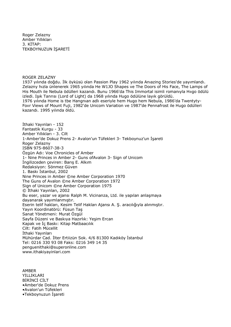 Amber Yıllıkları 3 Tekboynuzun Işaretleri PDF – Roger Zelazny