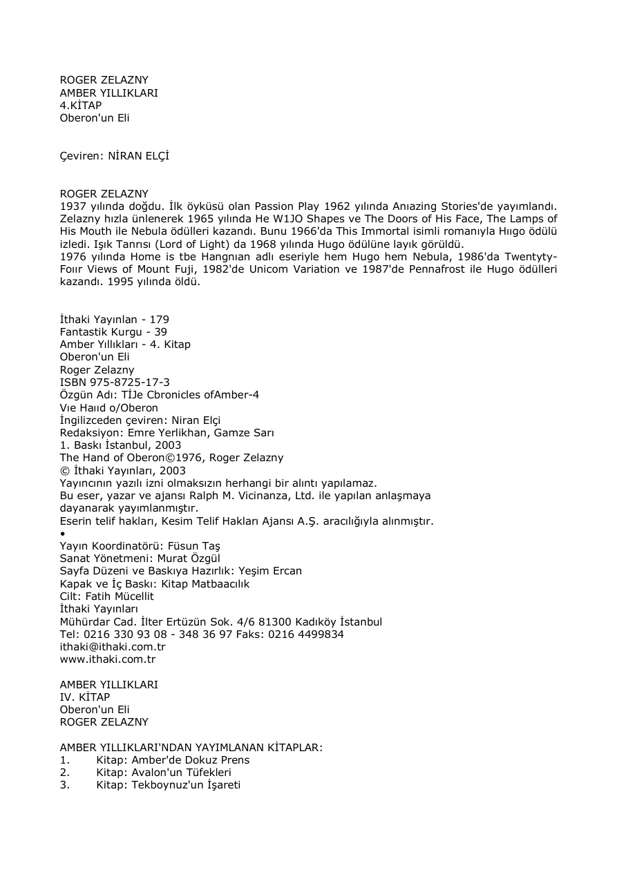 Amber Yıllıkları 4 Oberon’un Eli PDF – Roger Zelazny