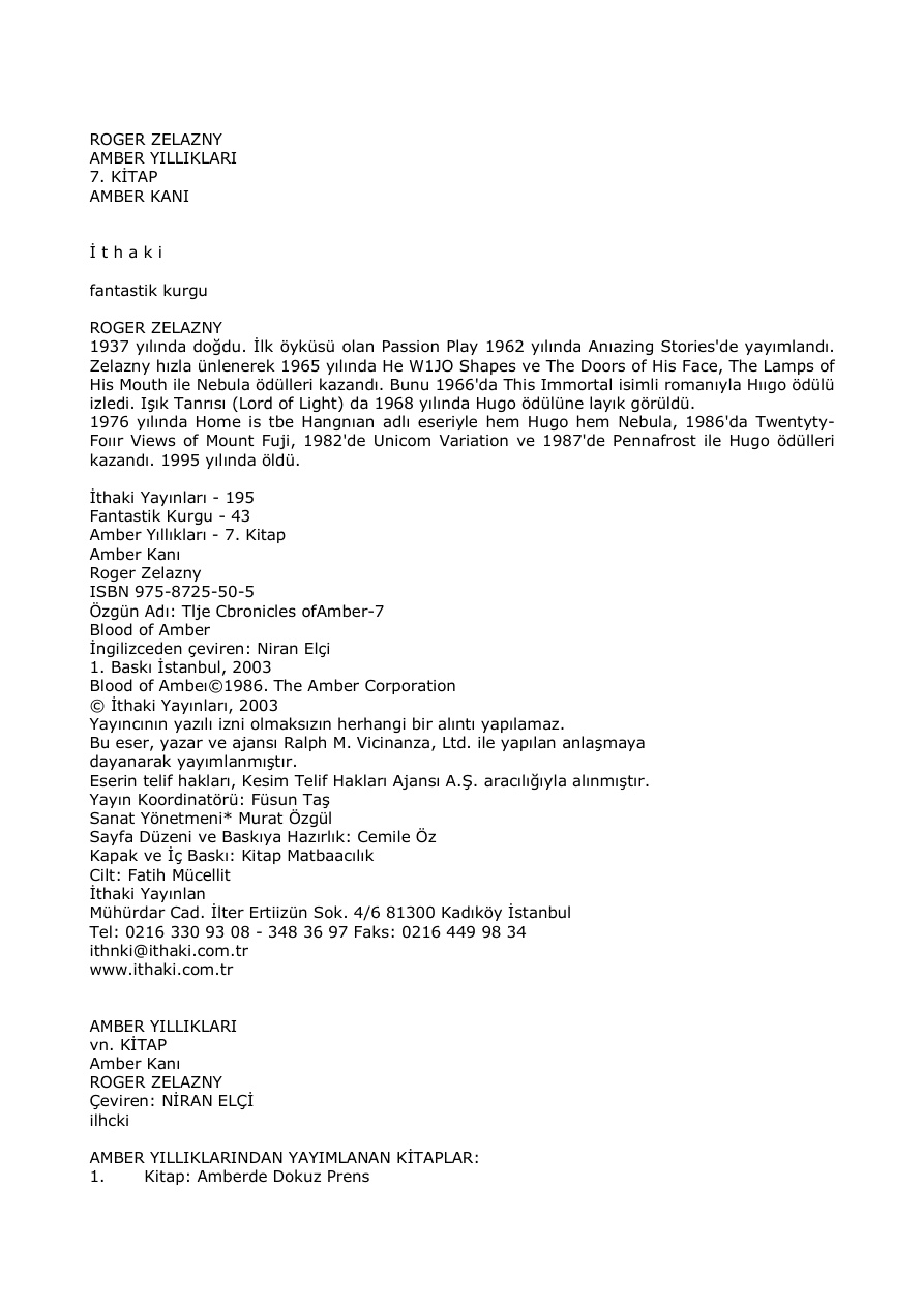 Amber Yıllıkları 7 Amber Kanı PDF – Roger Zelazny