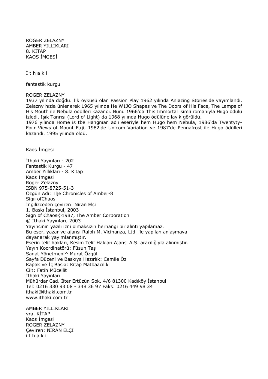Amber Yıllıkları 8 Kaos Imgesi PDF – Roger Zelazny