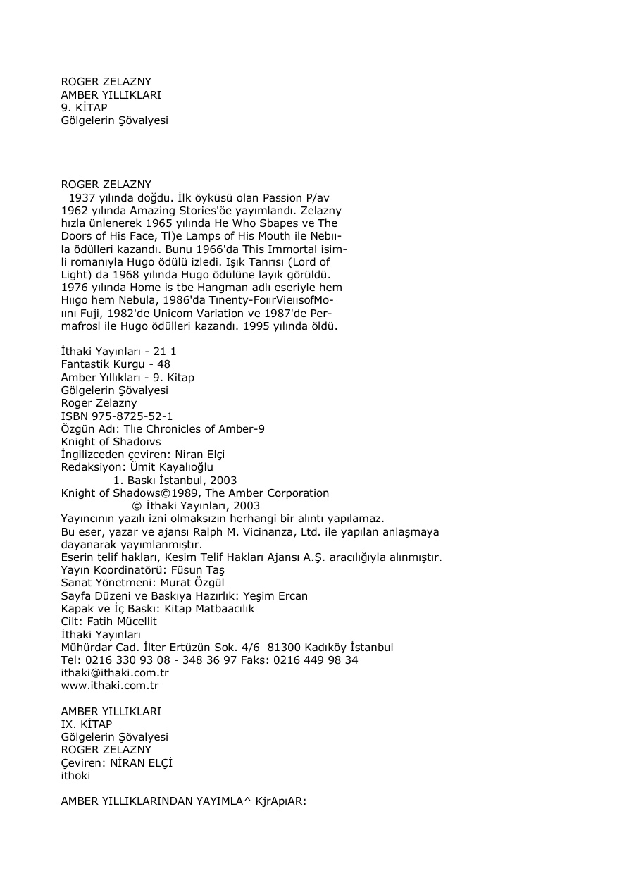 Amber Yıllıkları 9 Gölgelerin Şövalyesi PDF – Roger Zelazny