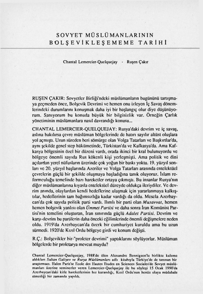 Chantal Lemercier-Quuelquejay ile Söyleşi; Sovyet Müslümanlarının Bolşevikleşme Tarihi PDF – Ruşen Çakır