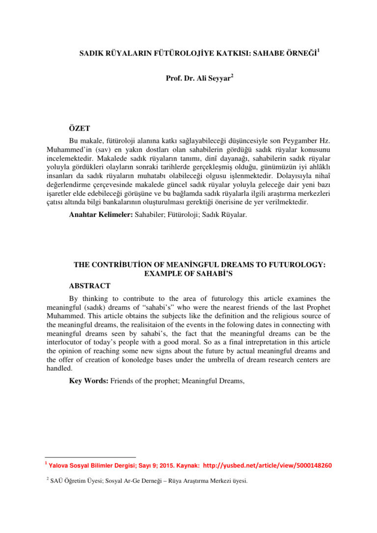 SADIK RÜYALARIN FÜTÜROLOJİYE KATKISI SAHABE ÖRNEĞİ1 Kitap Kapağı