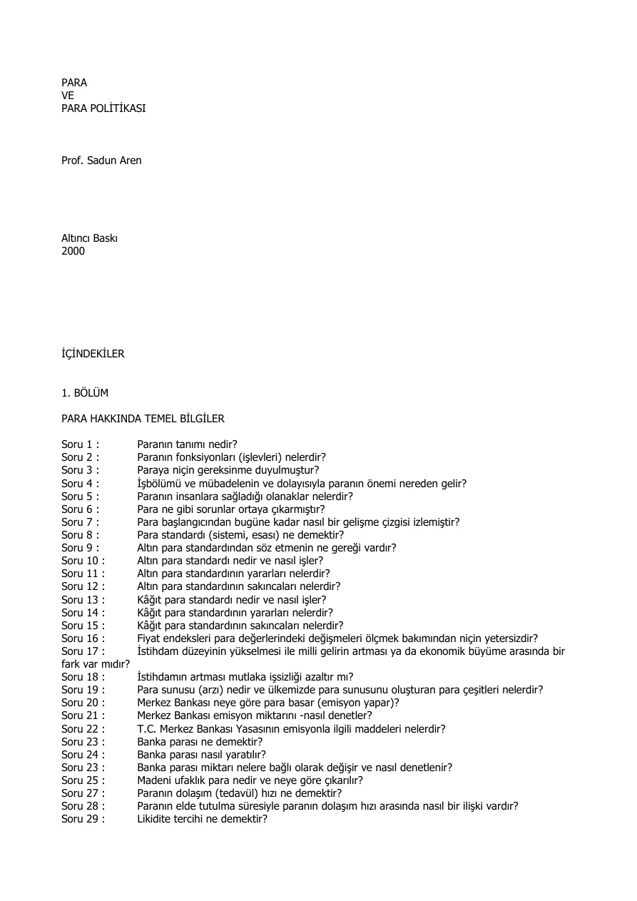 Para Ve Para Politikasi PDF – Sadun Aren