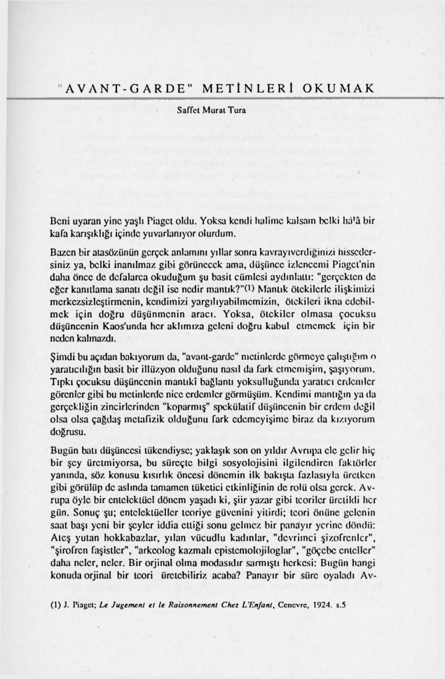 ‘Avant-Garde’ Metinleri Okumak PDF – Saffet Murat Tura