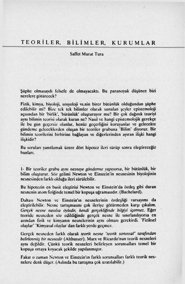 Teoriler, Bilimler, Kurumlar PDF – Saffet Murat Tura