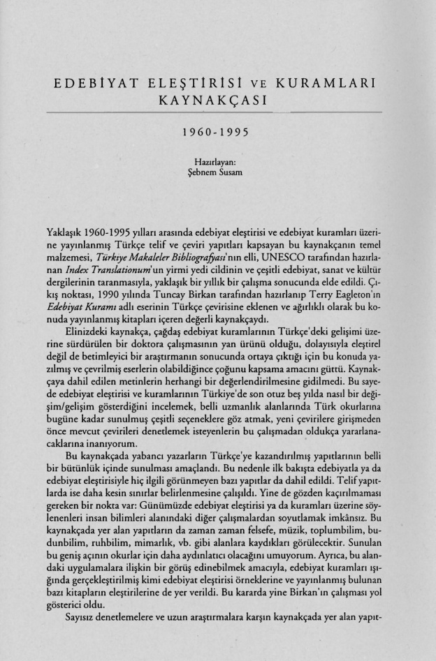 Edebiyat Eleştirisi ve Kuramları Kaynakçası (1960-1995) PDF – Şebnem Susam