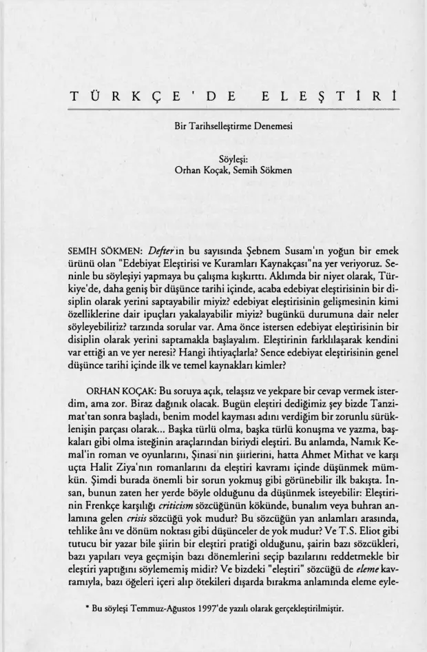 Orhan Koçak ile Söyleşi; Türkiye’de Elestiri, Bir Tarihsellestirme Denemesi PDF – Semih Sökmen & Orhan Koçak