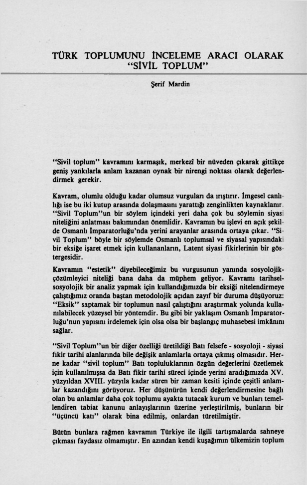Türk Toplumunu İnceleme Aracı Olarak Sivil Toplum PDF – Şerif Mardin