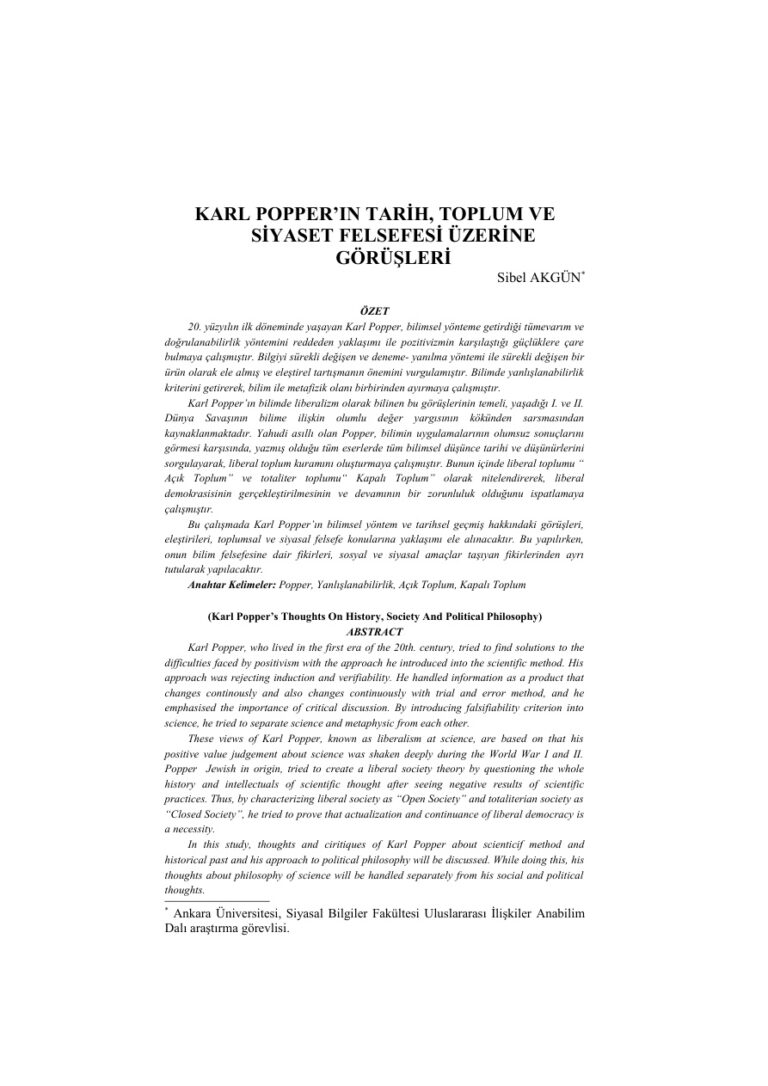 Sibel Akgün Karl Popper'in Tarih Felsefe Siyaset Üzürerine Görüşleri Kitap Kapağı