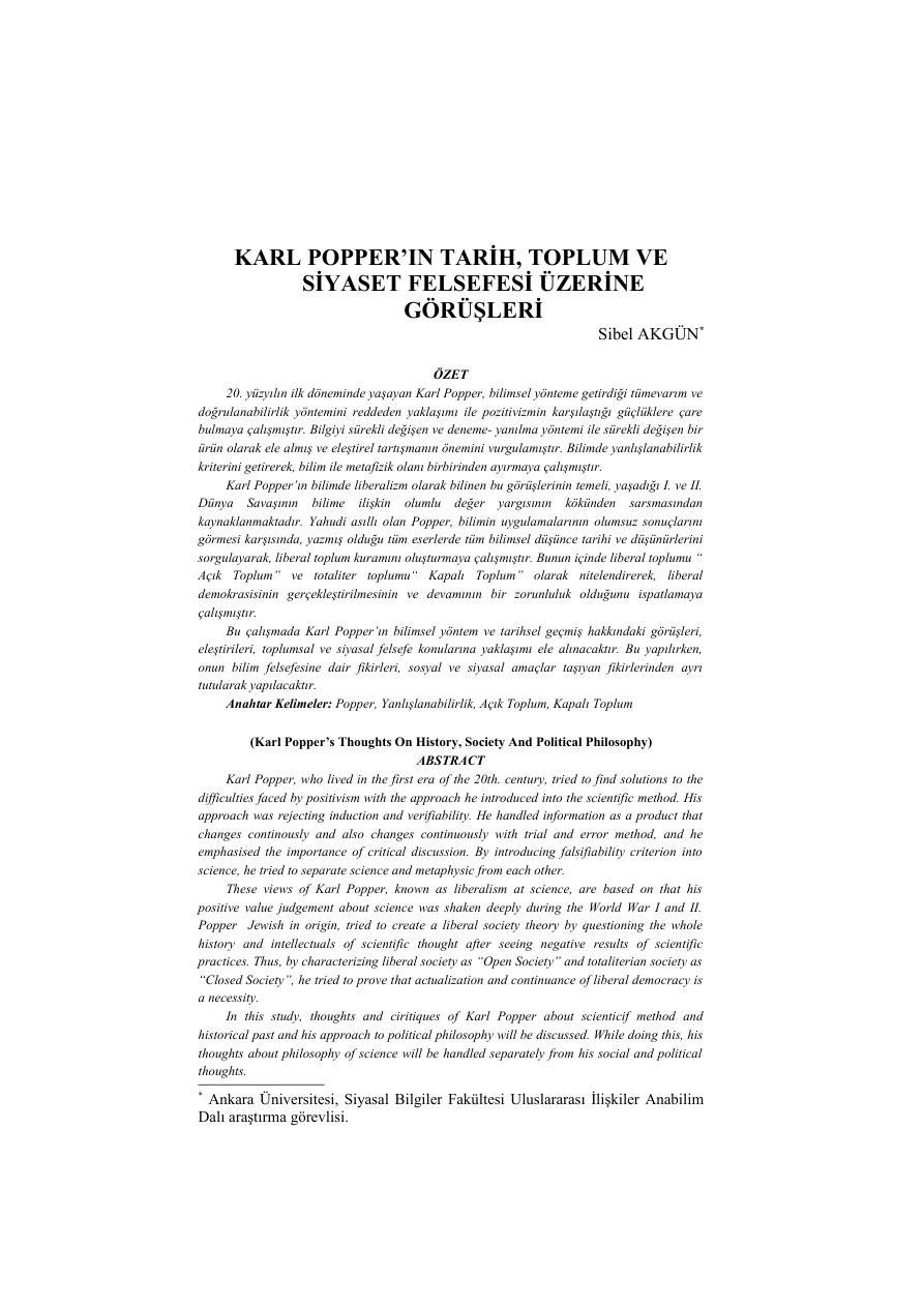 Karl Popper’in Tarih Felsefe Siyaset Üzürerine Görüşleri PDF – Sibel Akgün