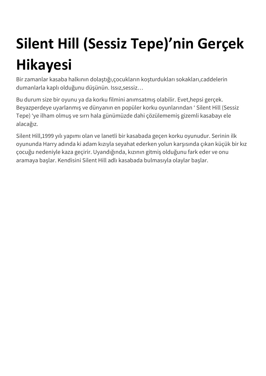 Silent Hill (Sessiz Tepe)’nin Gerçek Hikayesi PDF – Kolektif