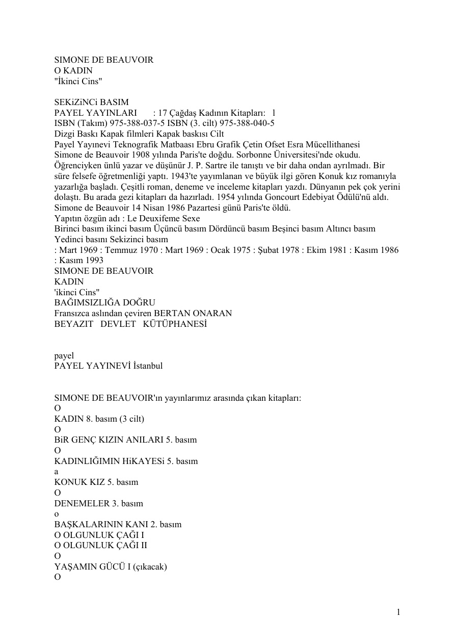 Ikinci Cins Kadin PDF – Simone De Beauvoir