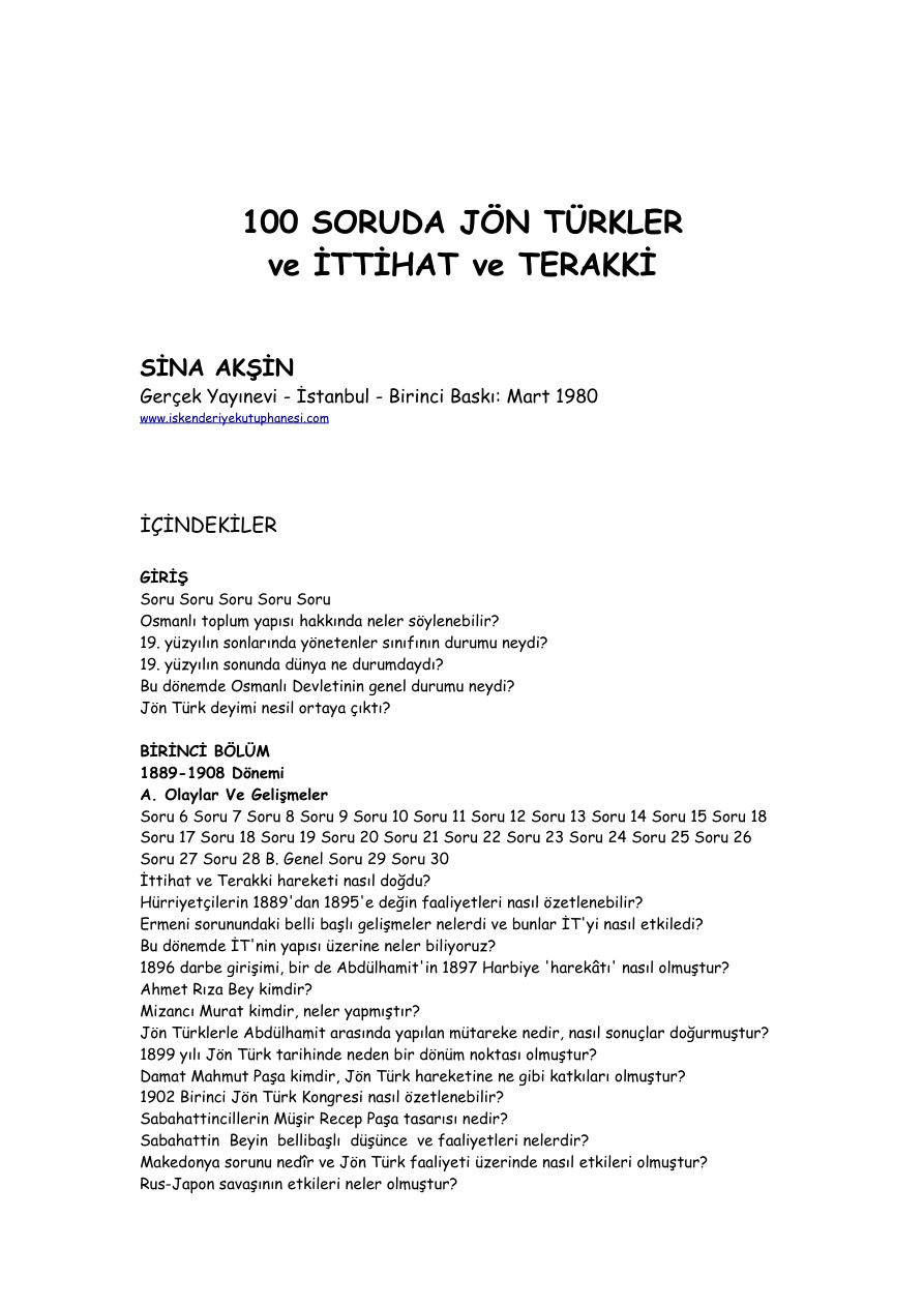 100 Soruda Jön Türkler ve İttihat ve Terakki PDF – Sina Akşin