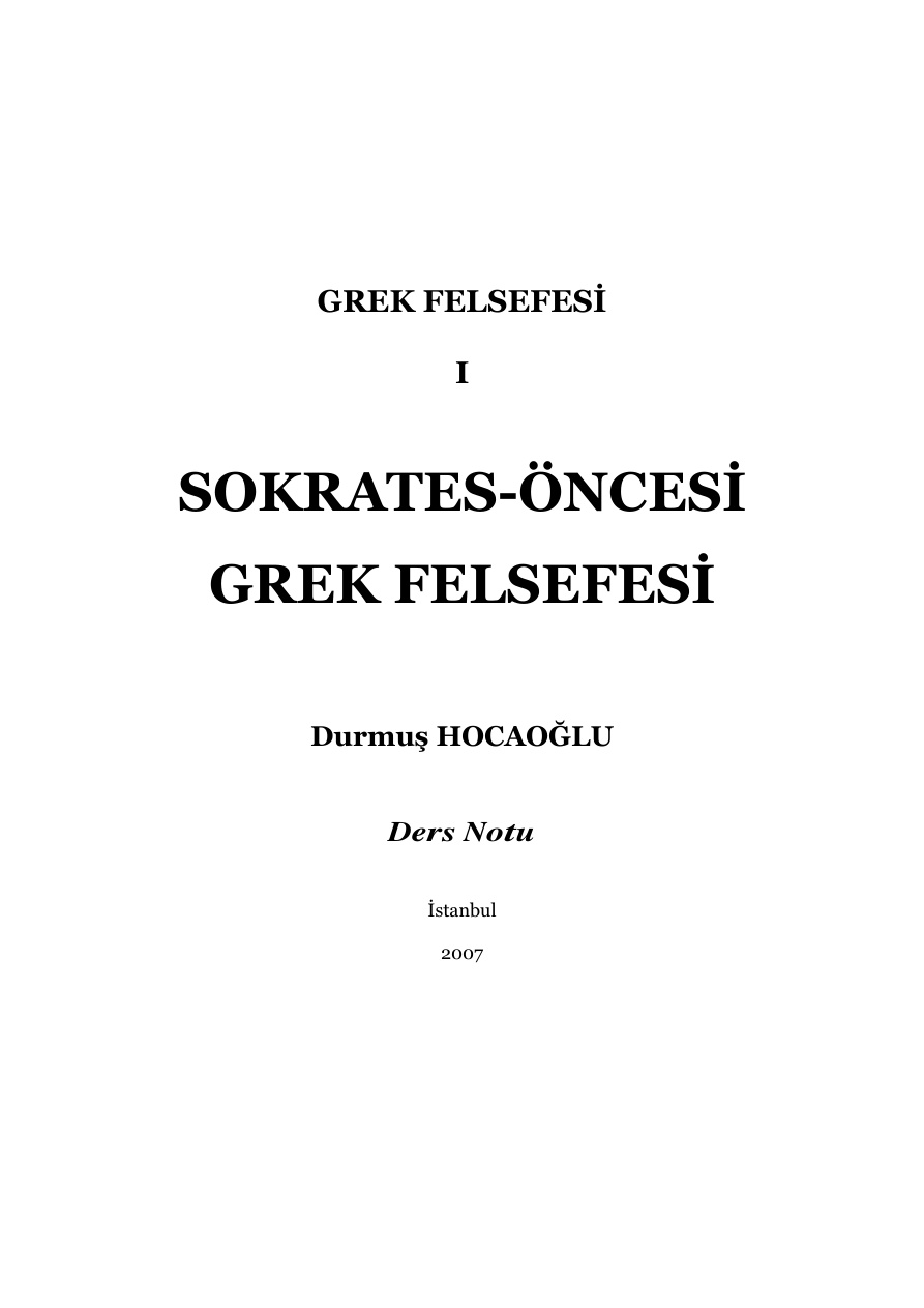 Sokrates Oncesi Grek Felsefesi PDF – Durmuş Hocaoğlu