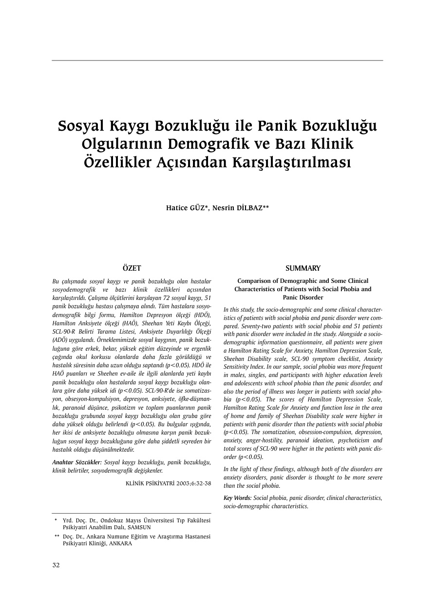 Sosyal Kaygı Bozukluğu ile Panik Bozukluğu Olgularının Demografik PDF – Kolektif / Tıp